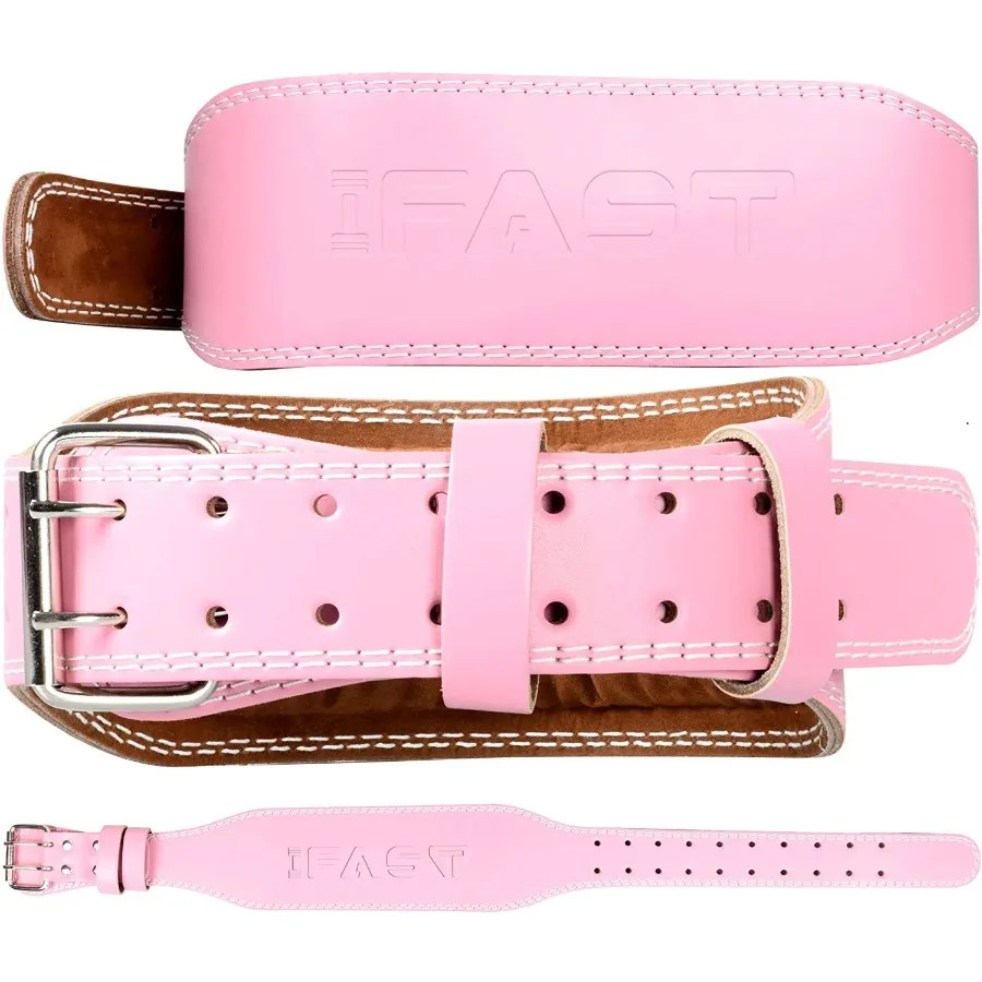 

Pink Leather Weight Lifting Belt Men and Women 4 Inch Wide Strength Training Belt Metal Buckle and Padded Lumbar Support Adjust