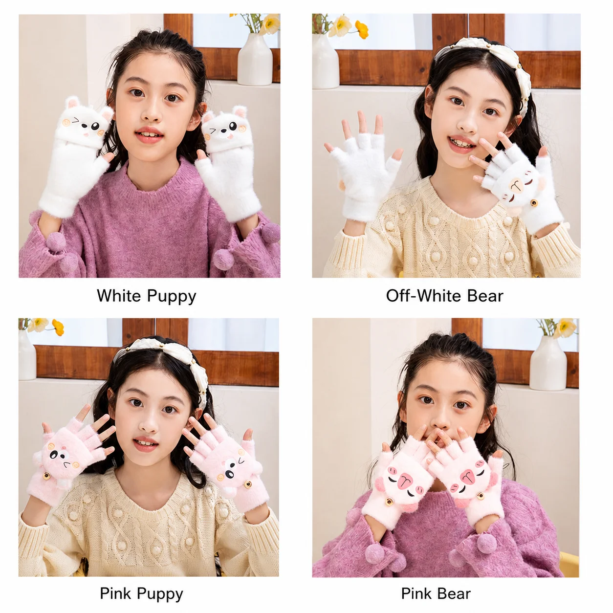 Kids Gloves Warm Convertible Flip Gloves Half Finger Gloves Thickened For Daily Travel School Writing 3-12 Years Old