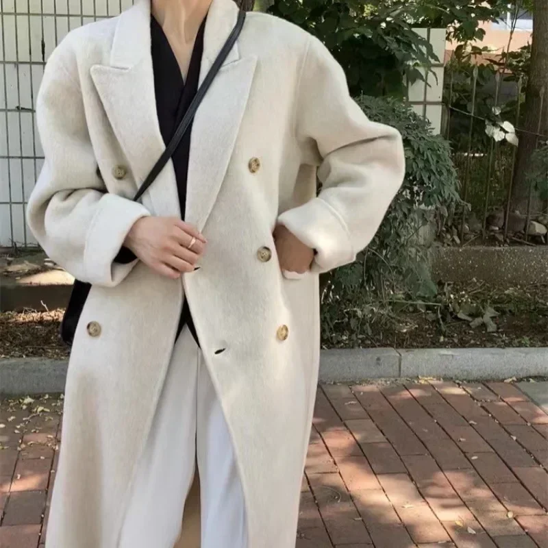 2024 premium retro double-sided cashmere coat women's medium and long Korean version loose pink double-breasted woolen coat