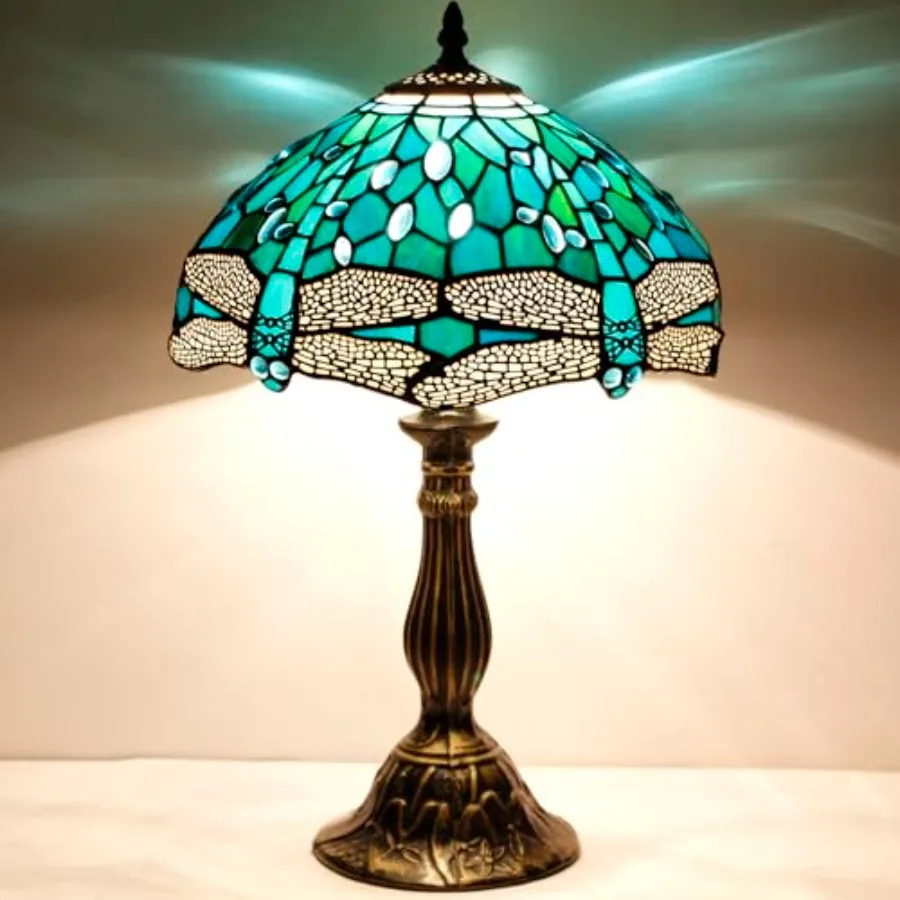 الأخضر والأزرق الزجاج الملون اليعسوب نمط الجدول مصباح لغرفة النوم غرفة المعيشة ديكور المنزل مكتب 12X12X18 بوصة مكتب مثالي إعادة #3