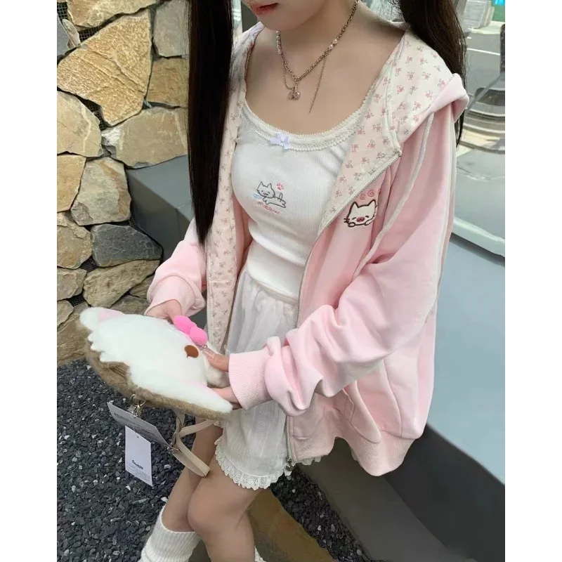 

Jacket for Women Japanese Cute Spring Summer Cute Home Style Thin Lake Green Embroidered Long-sleeved Zipper Sweatshirt