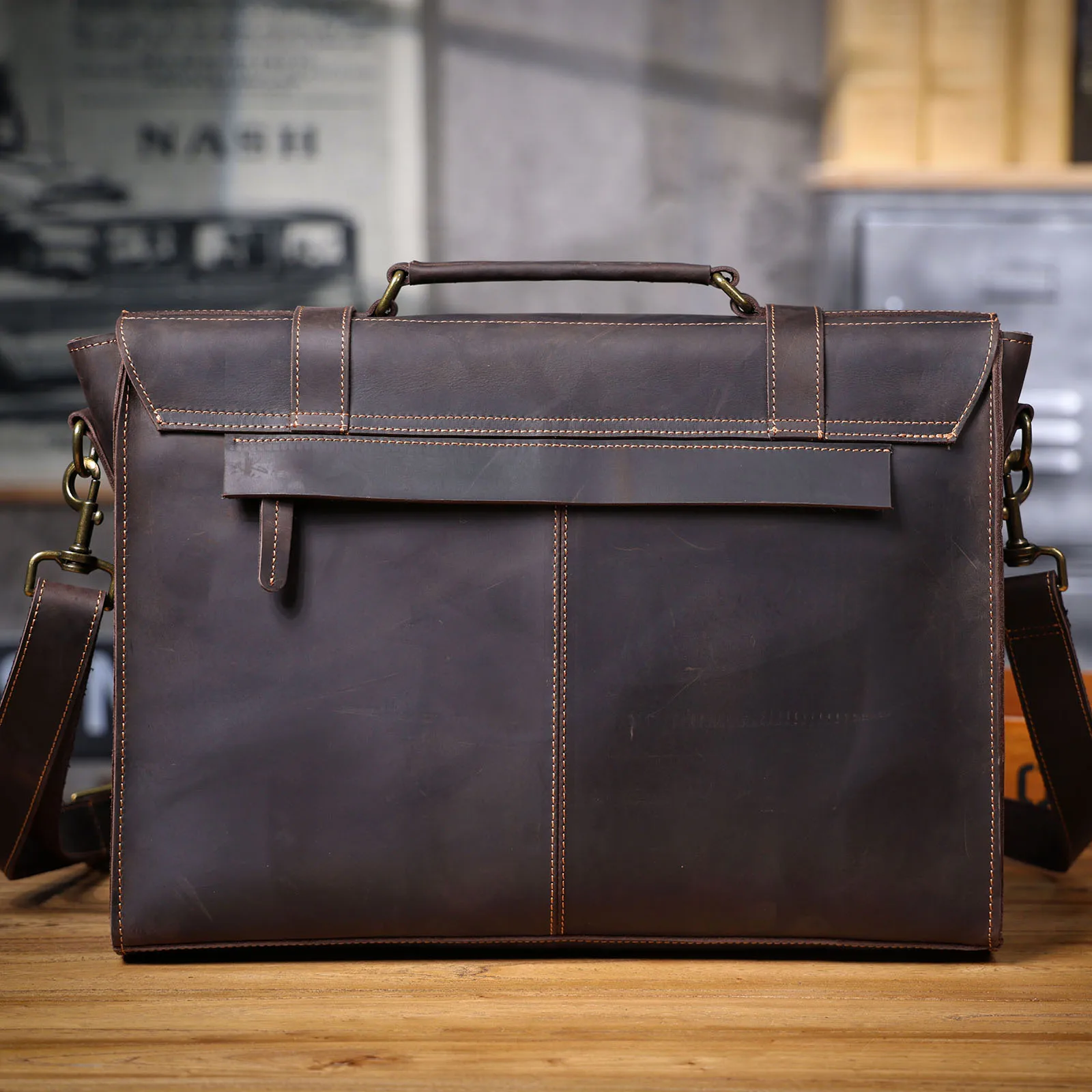 S.WORKER Vollnarbenleder 15" Laptop-Aktentasche Echtleder Herren Büro-Handtasche Messenger-Tasche Business-Bürotasche – Detail 9