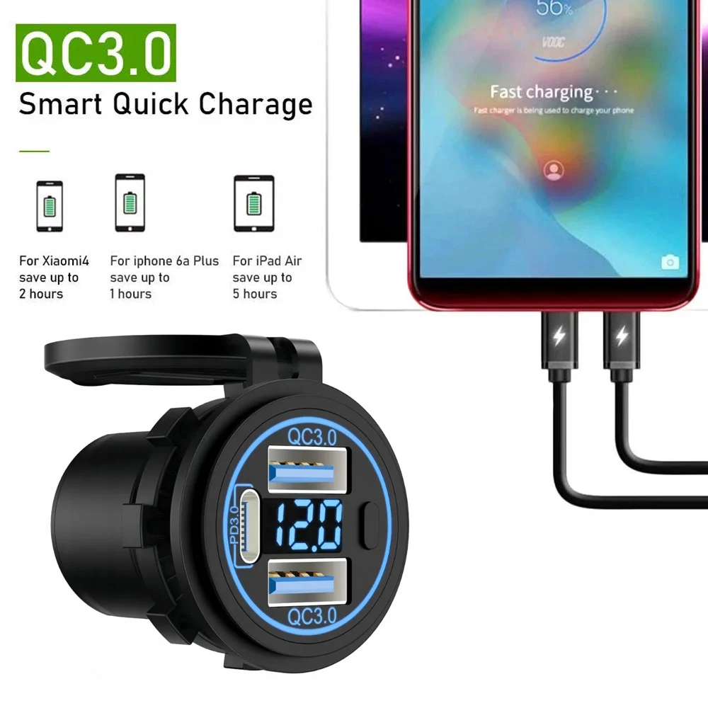 12V USB-Steckdose mit Dual-USB Quick Charge 3.0 Anschluss & PD USB-C Autoladegerät mit Voltmeter und Schalter für Auto, Boot, Marine, LKW – Detail 7