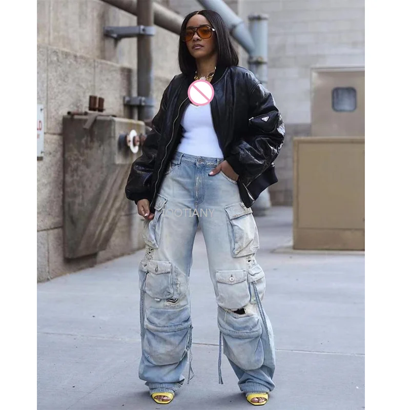 Women Summer Casual Motorcycle Ripped Pant Y2k Streetwear Fashion Trousers High Waist Wide Leg Pants Baggy Denim Pocket Jeans