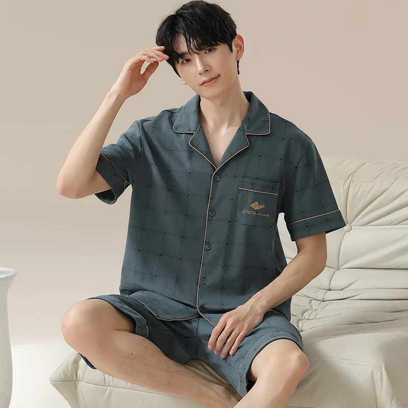 Pajamas Men 100% Cotton Short-Sleeved Two-Piece Suit Korean Version of the Loose Large Size Men Home Clothing with Letters