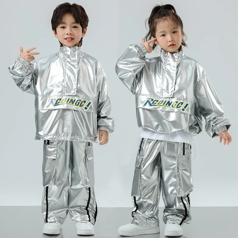 Girls Hip Hop Sequined Jacket Cargo Pants Kids Street Dance Shiny Silver Pant Clothes Set Children Wasteland Punk K-pop Costumes