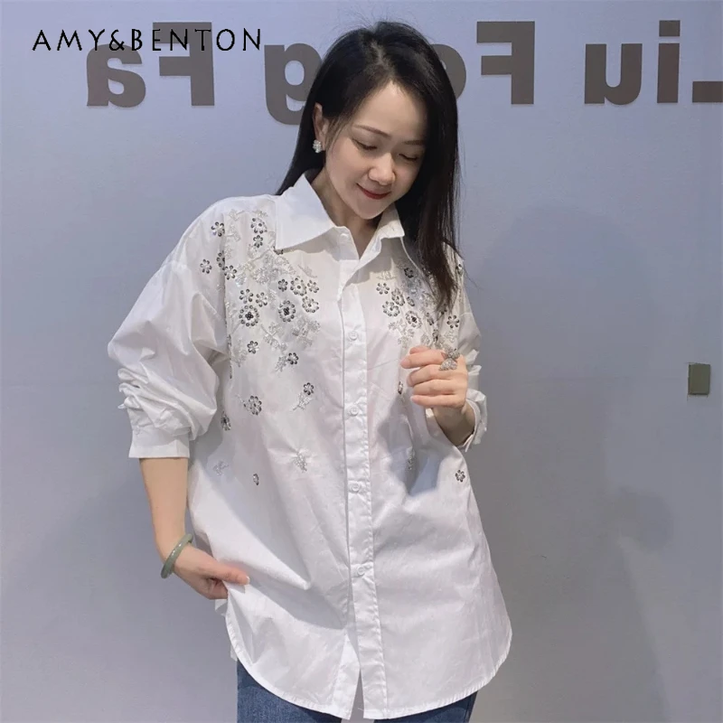 

New Spring Exquisite Embroidered Beaded Shirt Women's Chic Elegant Versatile Loose Long-Sleeved Single-breasted Collared Blouse