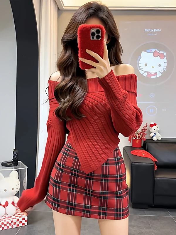 

Новый премиум-свитер 2026 года: красный, на одно плечо, вязаный, женский, весенний, к Новому году, приталенный, элегантный топ, модная повседневная одежда