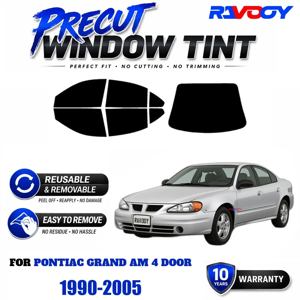 RAVOOY Precut Window Tint, Reusable Removable EPU Film, Custom Fit for Pontiac Grand Am 4 Door 1990-2005, UV Heat Protection