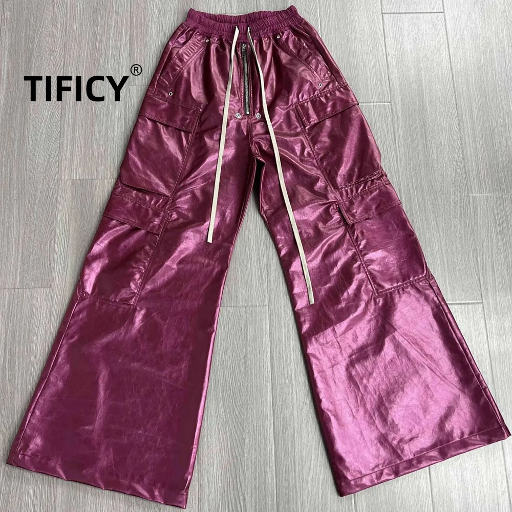 High Street Ro Pant Men's and Women's Coated Red Purple Laser Glossy Multi Pocket Wide Leg Mop Slimming Bell Bottom Pants