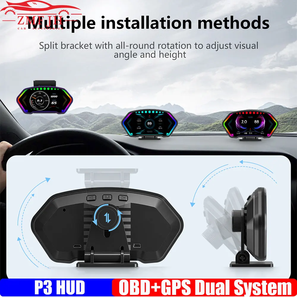 OBD+GPS Dual System P3 HUD Auto Accelerometer Slope Meter 36 Function Head Up Display GPS Speed Alarm Compass Tachometer Voltage