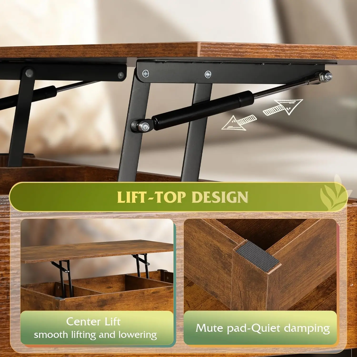 طاولة قهوة، طاولة قهوة قابلة للرفع مع درجين، مساحة تخزين كبيرة ورف مفتوح، طاولة رفع لغرفة المعيشة