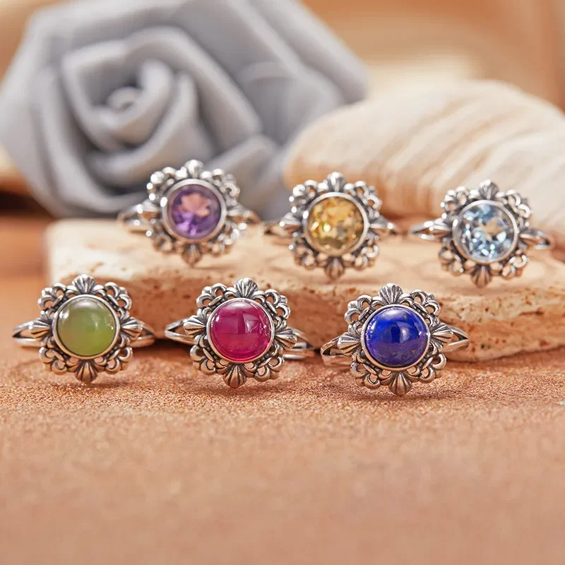 Vintage hollow pattern Thai silver ring women's S925 sterling silver inlaid with natural jasper topaz gemstone index finger