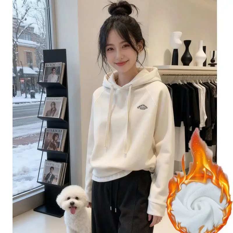 Sudadera con Capucha para Mujer, Otoño Invierno, Nueva, Forro Polar, Cálida, Bordada, Manga Larga, Talla Pequeña