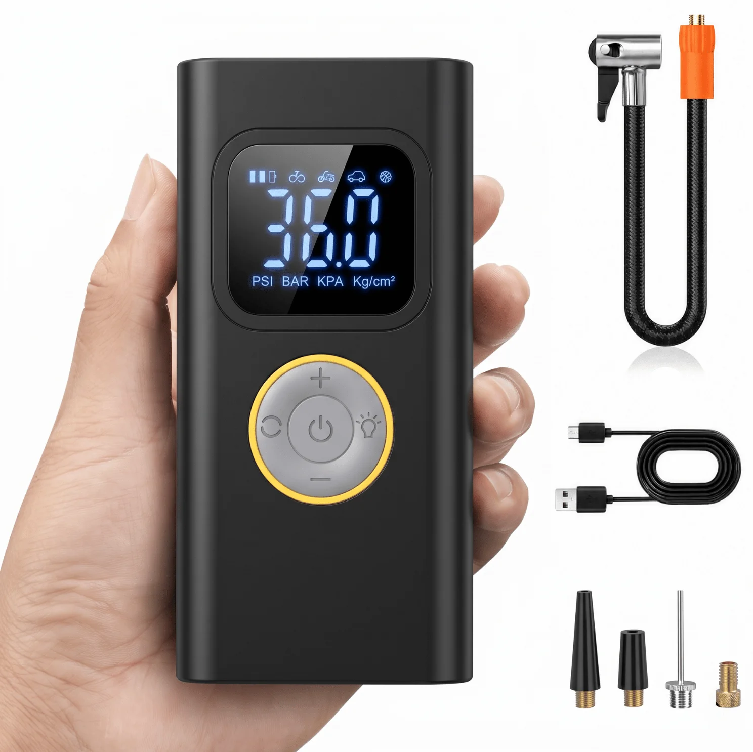 STSCELZ Gonfiatore portatile per pneumatici, 150 PSI, compressore d’aria senza fili con manometro digitale, spegnimento automatico, 5 modalità di gonfiaggio e luce LED per auto, moto, biciclette e