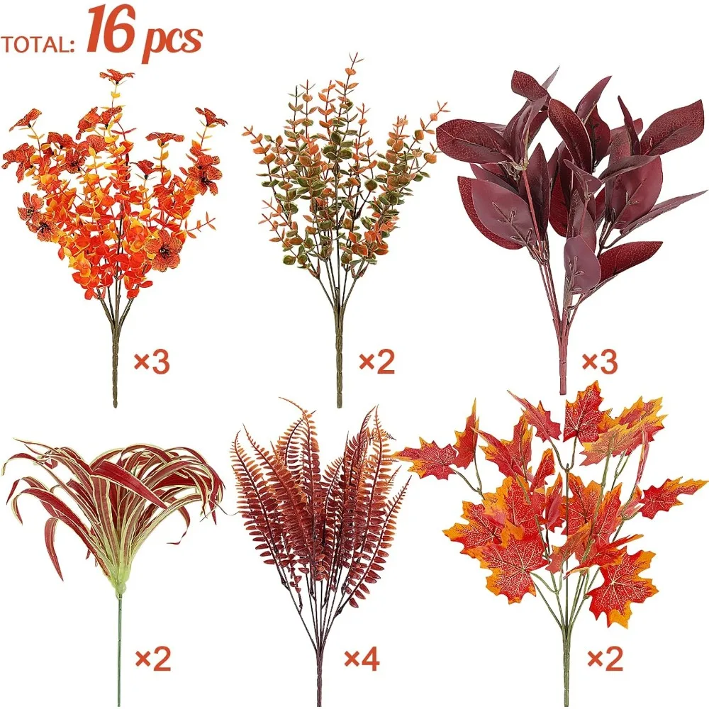 16 عناقيد من نباتات الزهور المزيفة للخارجية ديكور الخريف زهور اصطناعية مقاومة للأشعة فوق البنفسجية خشب البقس فو الخريف البرتقالي البخاخ القيقب #4