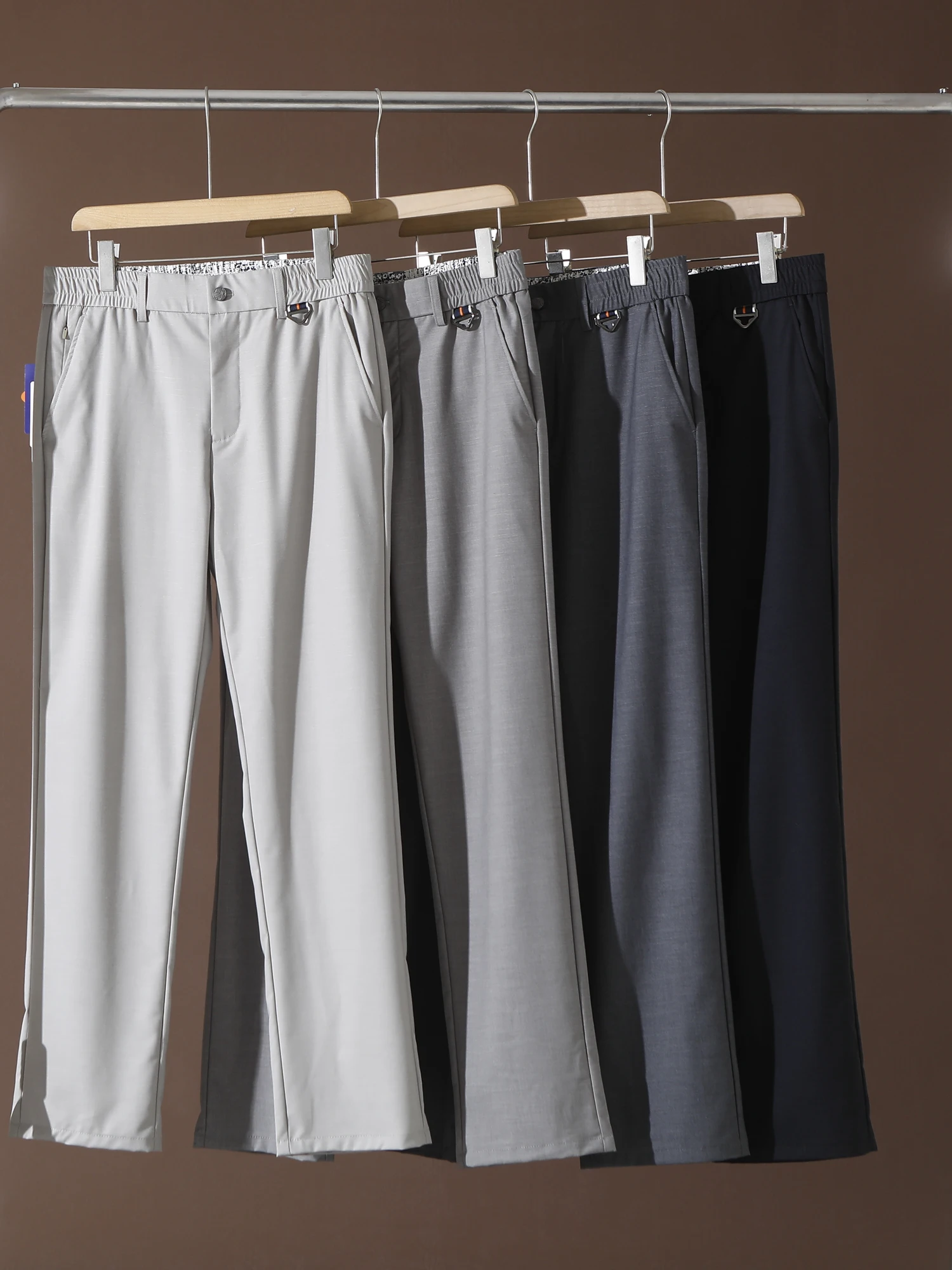 Linen RAYON High Elastic Ice Silk Business Anti-Wrinkle Spring Summer Men's Casual Pants Straight Leg Elastic Waist