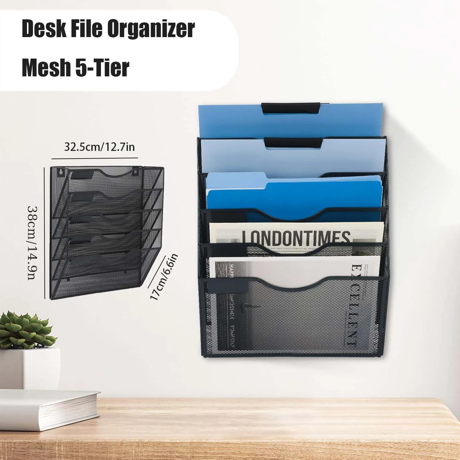 Organisateur de magazines en métal A4, support mural en maille suspendu avec 5 compartiments, plateau de rangement pour documents, porte-revues, distributeur de brochures, noir