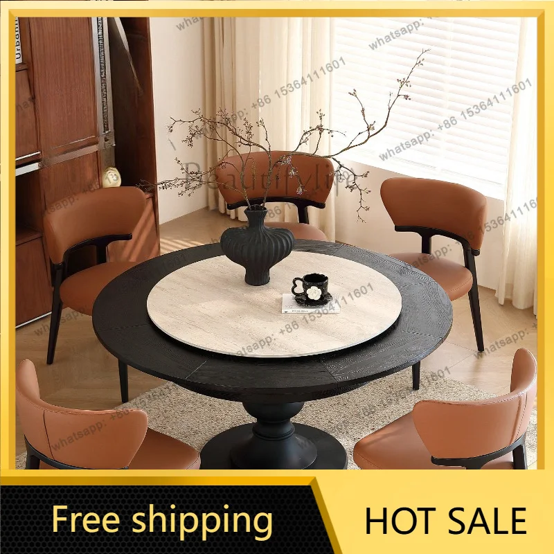 Factory Direct Sales French Retro Rotary Deformed Solid Wood Round Dining Table with Turntable Retractable