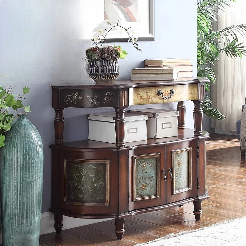 American rural Mediterranean style retro solid wood painted entrance cabinet entrance table dining side cabinet decorative