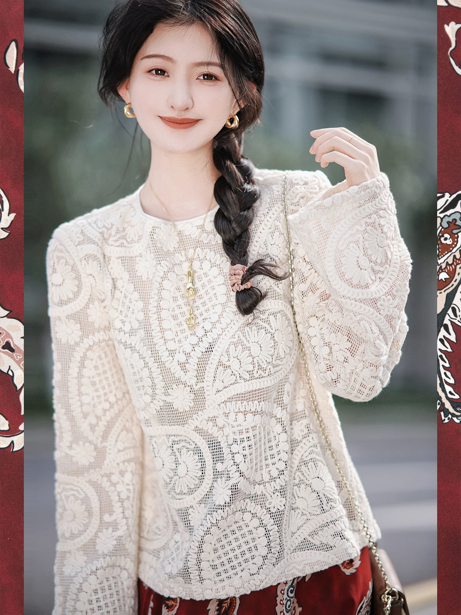 

Женская модная блузка Zhao Daxi с круглым вырезом и кружевом, простой фасон, длинный рукав, весенняя коллекция 2025, новинка