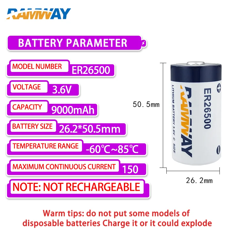 RAMWAY ER26500 C Add XH2.54 Plug 3.6V Disposable Lithium Battery Intelligent Water Meter Battery Gas Meter RAM Flow Neter PLC