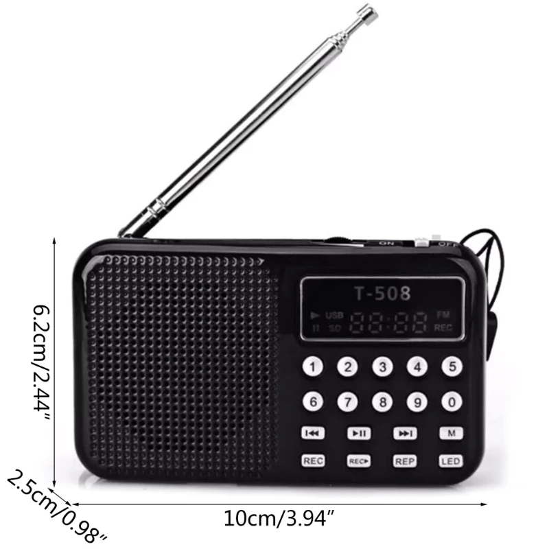 Radio FM portátil Tarjeta USB Reproductor música Antena Recepción con linterna T-508