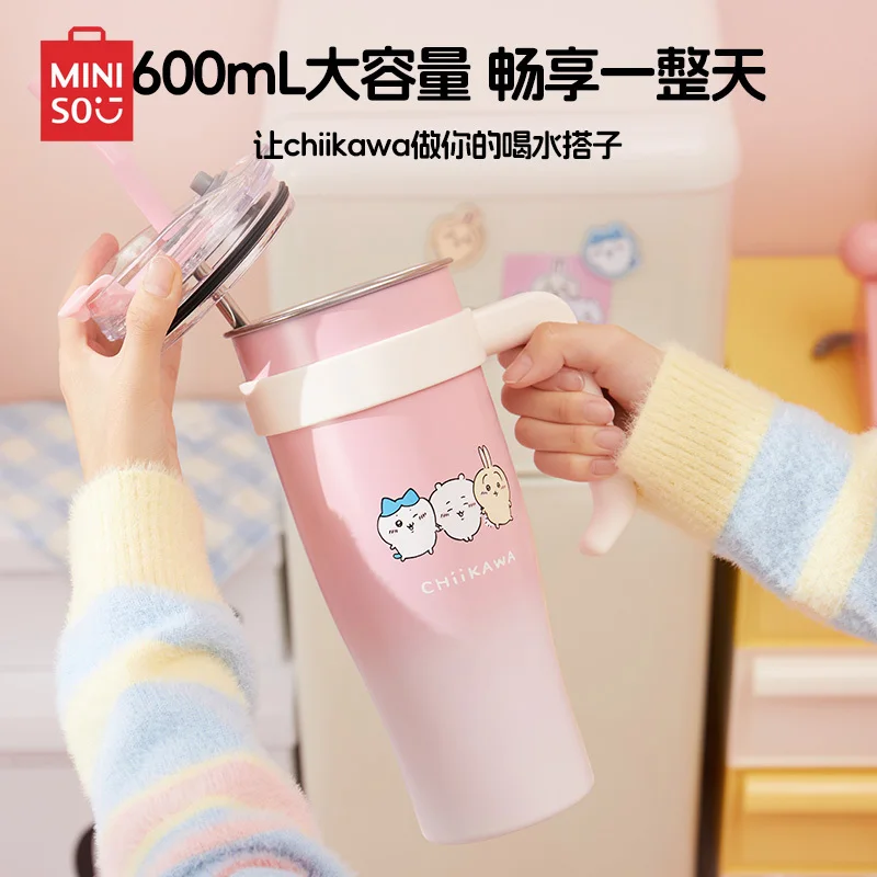 MINISO Original New 1600ml Kawaii Chiikawa Insulated Straw Cup Cartoon Portable Summer Large Capacity Thermos Cold Coffee Mug