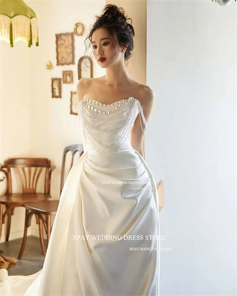 XPAY Strapless Mermaid Korea Wedding Dresses Satin Pleats Off Shoulder Beads Back Bridal Dress Sleeveless Photography Party Gown