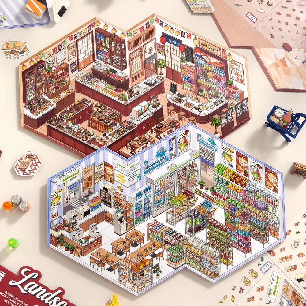 Convenience Store Series Miniature Landscape Sticker DIY PET 3D Landscape Sticker Cartoon Large Size Cabin Scene Sticker