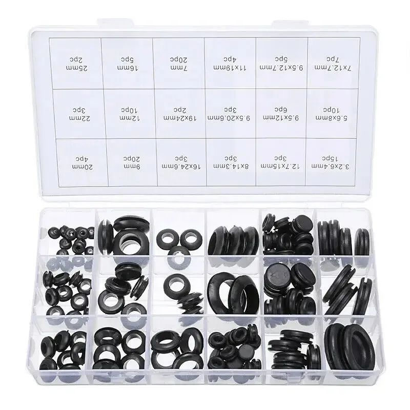 

125pcs Black Rubber Grommet Plug Assortment Kit Gasket Ring Firewall Hole Plug Wire Electrical Appliance Plumbing Boxed Set