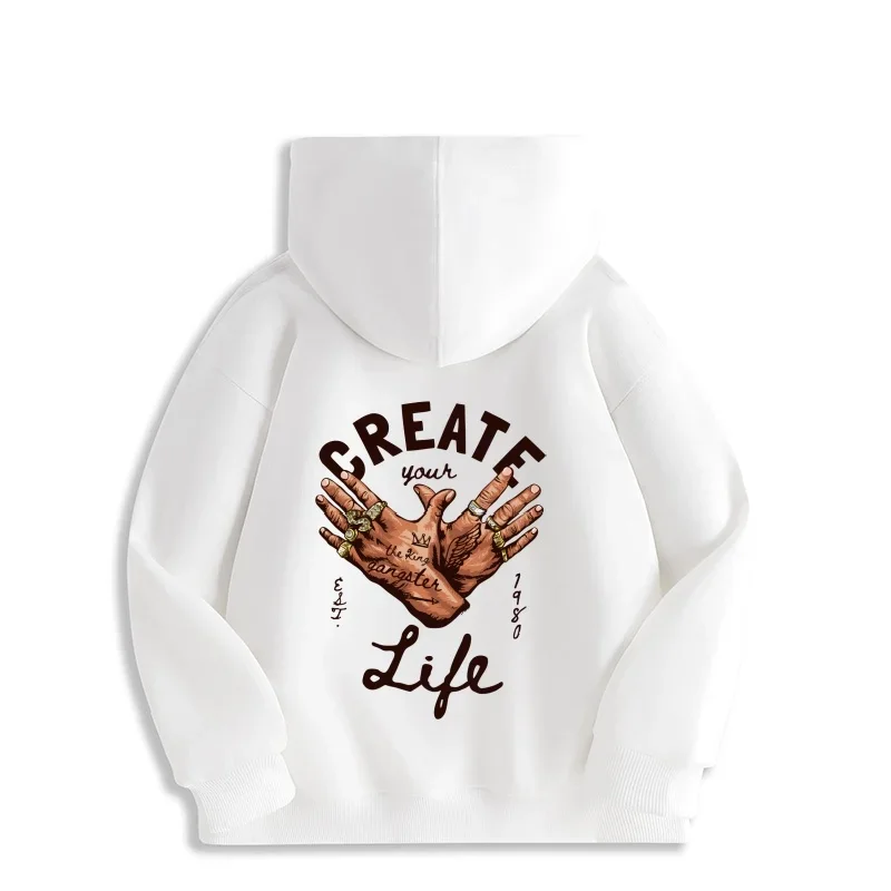 Create Your Life Hoodie Bold Hand Gesture Graphic Back Print,Motivational Streetwear with Gangster Style men clothing streetwear