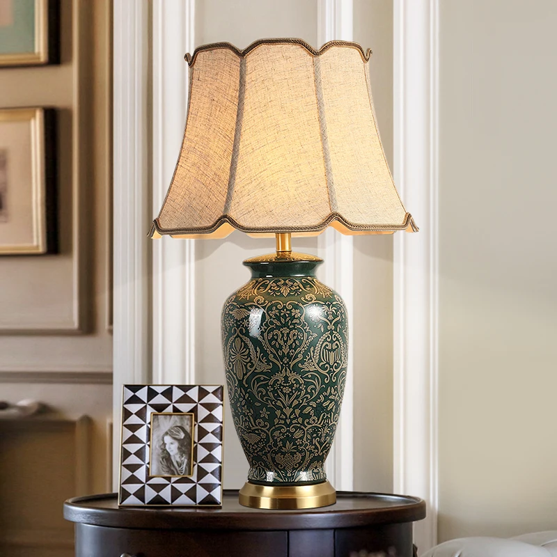 

Remote Control Copper Table Lamp American Style For Living Room Ceramic Lamp Luxury Bedroom Bedside Lamp Decorated led Lamps