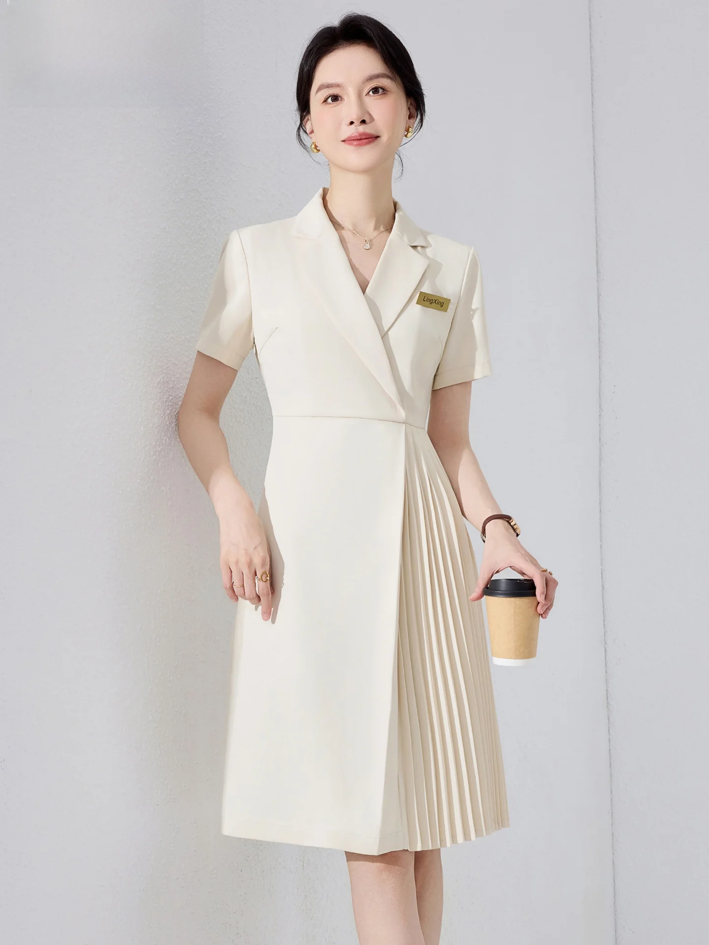 

Summer Short Sleeve Suit Dress Women's New 2026 High-End Career Hostess Skirt OL Style Commute Polyester Fiber High Waist