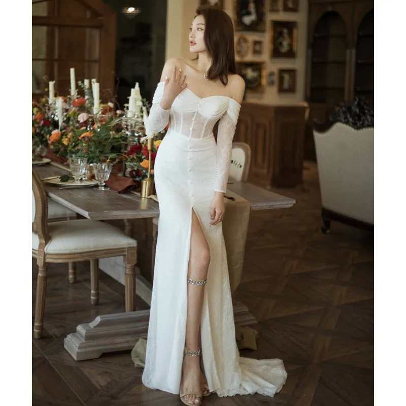 

Off-shoulder Light Wedding Dress2025New Slimming Fishtail Bride Temperament Host Banquet Small Trailing Dress for Women Spring