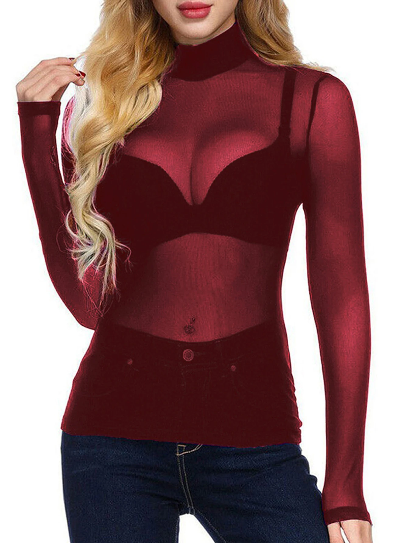 

UNIKTEE женская облегающая футболка с длинным рукавом, осенняя сексуальная однотонная прозрачная футболка с воротником-стойкой, базовый топ для повседневной одежды