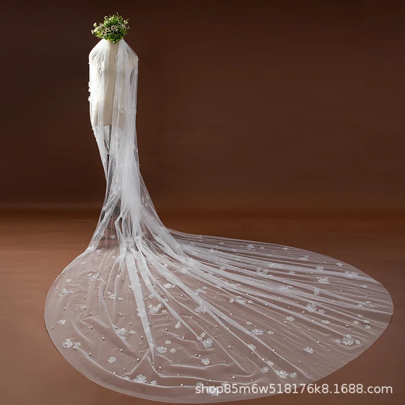 Voile de mariée en mousseline de soie avec perles et fleurs, long, 1 niveau, court, peigne, patients, mariage