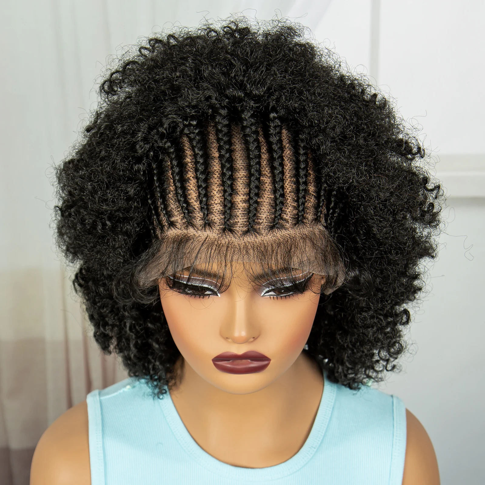 Wig Cornrow jalinan keriting Afro sintetis Wig renda kepang keriting transparan Wig kepang renda penuh dengan rambut bayi UNTUK WANITA HITAM