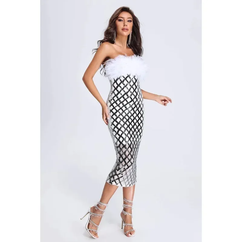 

GUWU Sequined Plaid Feather Strapless Midi Bodycon Women Dress Sexy Strapless Vestidos Party Evening Dresses Clubwwear