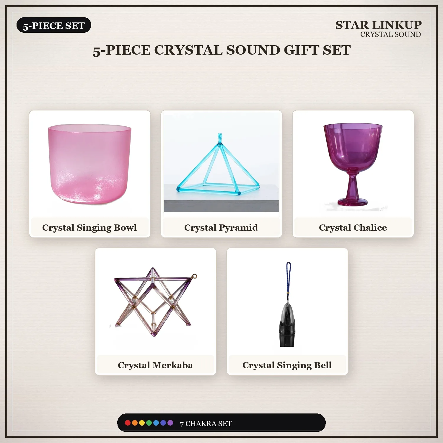 STAR LINKUP 5-Piece Crystal Sound Healing Gift Set with Crystal Singing Bowl, Crystal Pyramid, Crystal Chalice, Crystal Merkaba and Crystal Singing Bell. A thoughtful gift for wellness lovers, with every piece handcrafted for a one-of-a-kind look.