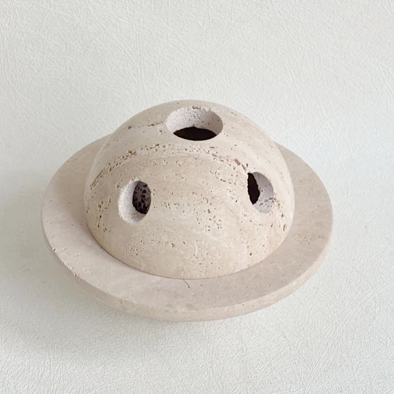 

Wabi-sabi Yellow Travertine Stone Decorative 3 Holes Natural Marble Round Ball UFO Shape Incense Burner Home Decor