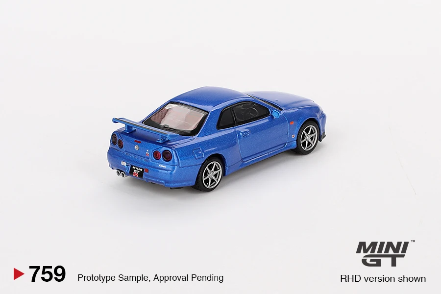 MINIGT 1/64 Nissan Skyline GT-R (R34) V-Spec Bayside Blue MGT00759-MJ Car Alloy Diecast Metal Model Kids Xmas Gift Toys for Boys