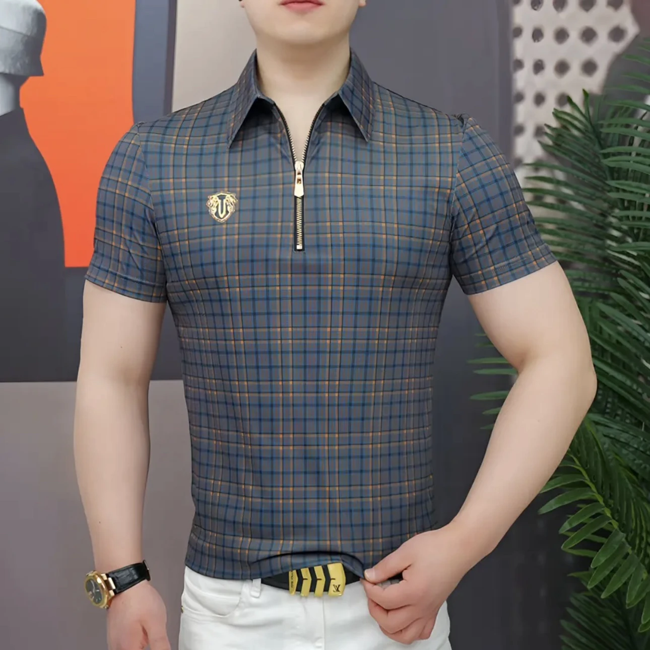 

Summer New Men's Plaid f Zipper Collar ort Sve T-irt Slim Fit Elastic f Sve irt Youth Casual Basic Sle