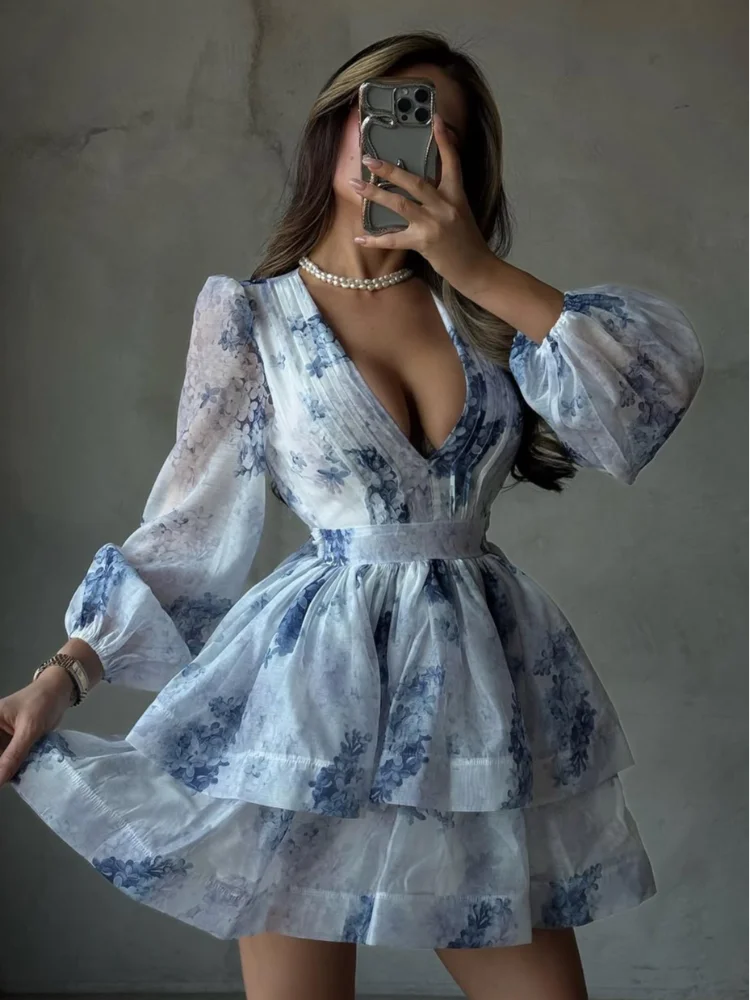 

Women Blue Printing Mini Dress Elegant Full Sleeve V Neck High Waist Lotus Leaf Edge Vestido 2025 New Summer Fahsion Lady Robes