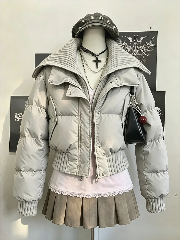 Vintage-Ästhetik der 2000er Jahre, Damen-Kurz-Pufferjacke mit Kunstfellkapuze, Reißverschluss, Langarm, Winter-Streetwear, Isolierte Außenjacke, Neu