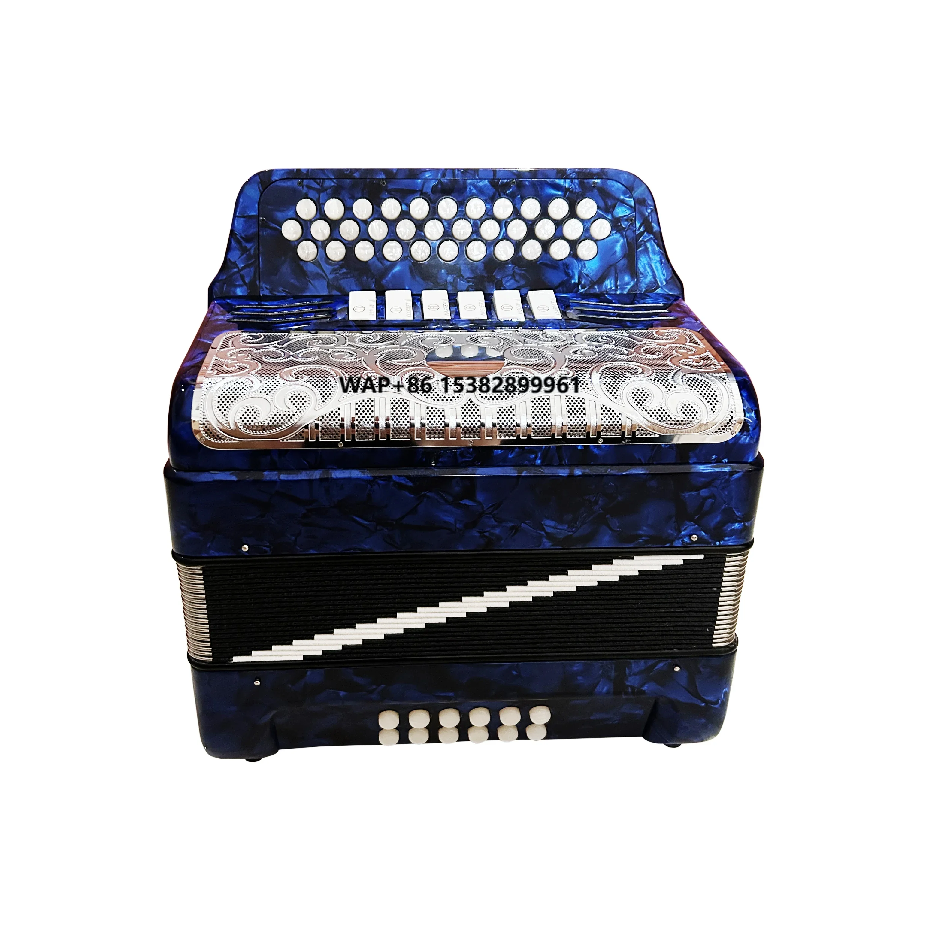 SEASOUND Professional 34-Button 12-Bass 6-Register Blue Celluloid Accordion JB3412E Silver Grill White Buttons OEM Diatonic