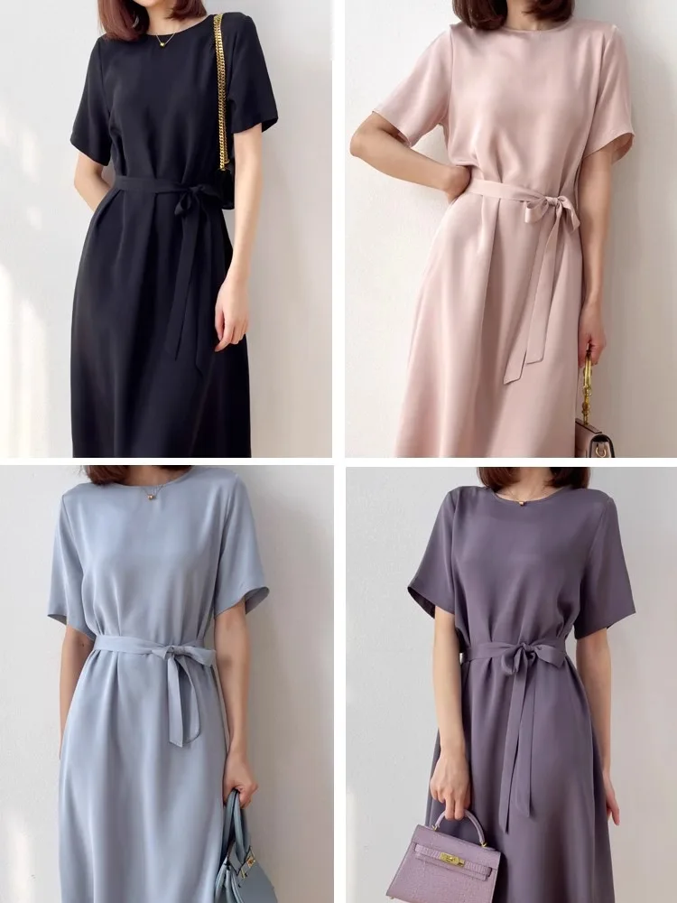 2024 Summer New 26MM 93%Natural Mulberry Silk Elastic Heavy Wrinkle Round Neck Short Sleeve Straight Mid Length Women's Dress