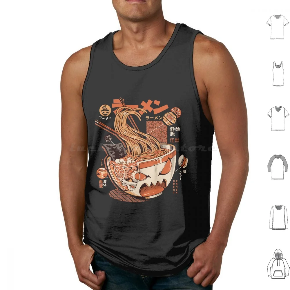¡Ray X negro gran ramen! Camisetas sin mangas con estampado de algodón Ramen Kaiju Monster Retro Food Sushi Great Wave Off Kanagawa Japan