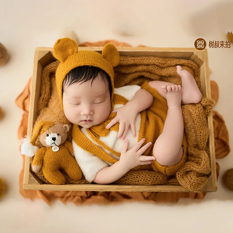 Newborn Baby Outfit Photoshoot Props Knit Bear Baby Gentleman Suit Toy Bear Ball of Yarn Baby Swaddle Wrap Studio Photo Props