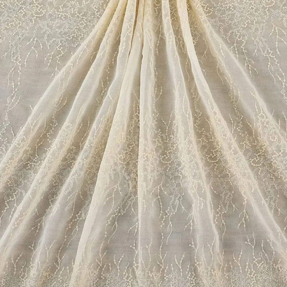 

New beige full floral embroidery flower pure cotton fabric is used for wedding dress women's fashion decorative fabric
